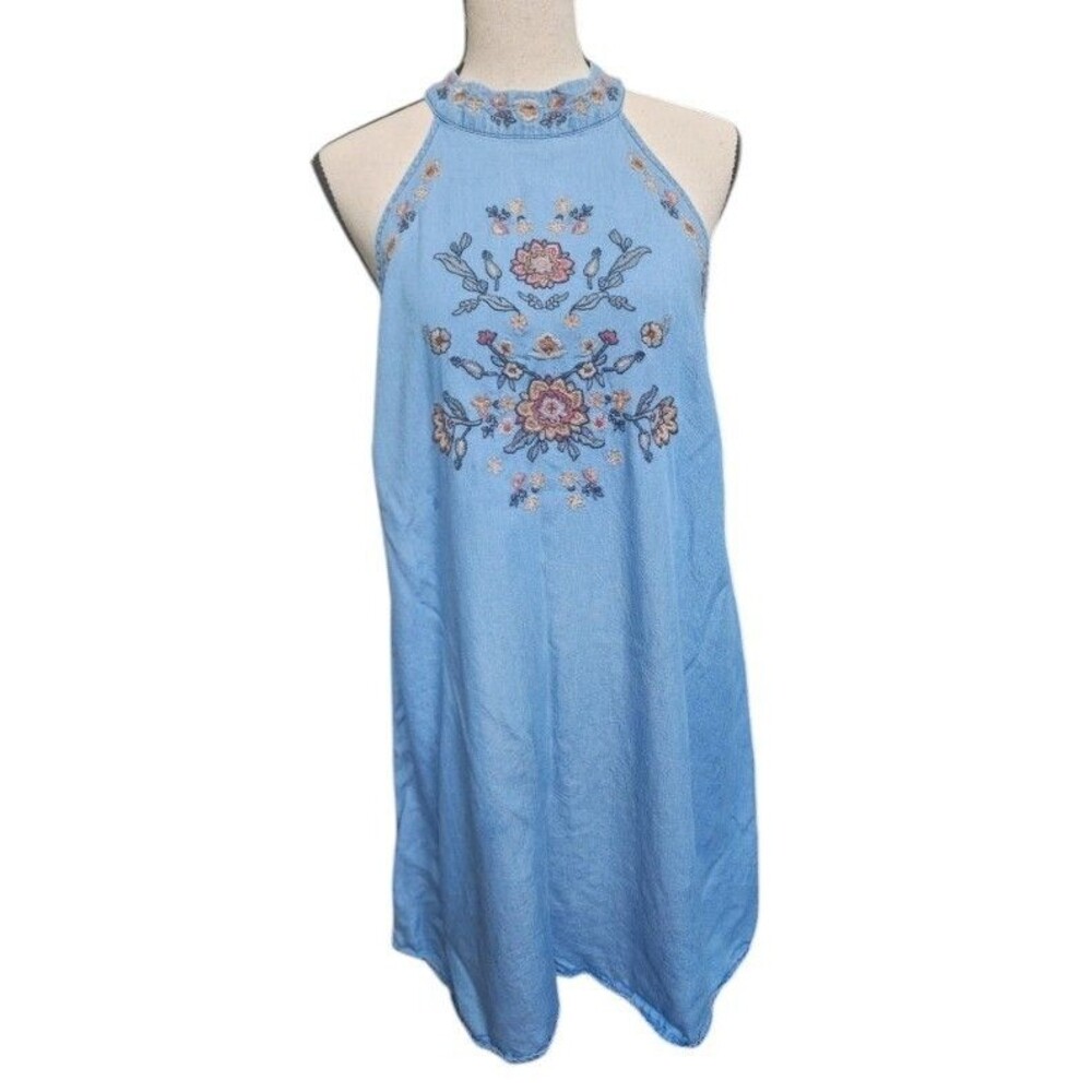 Blu Pepper Embroidered Chambray Halter Shift Dress Size M
